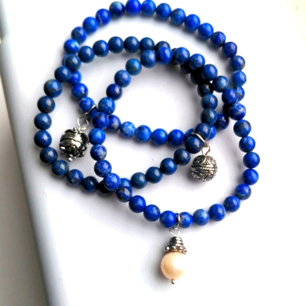 Stretchy Blue Sodalite Beaded Bracelet Set, Silver Bali & pearl Accents., NEW